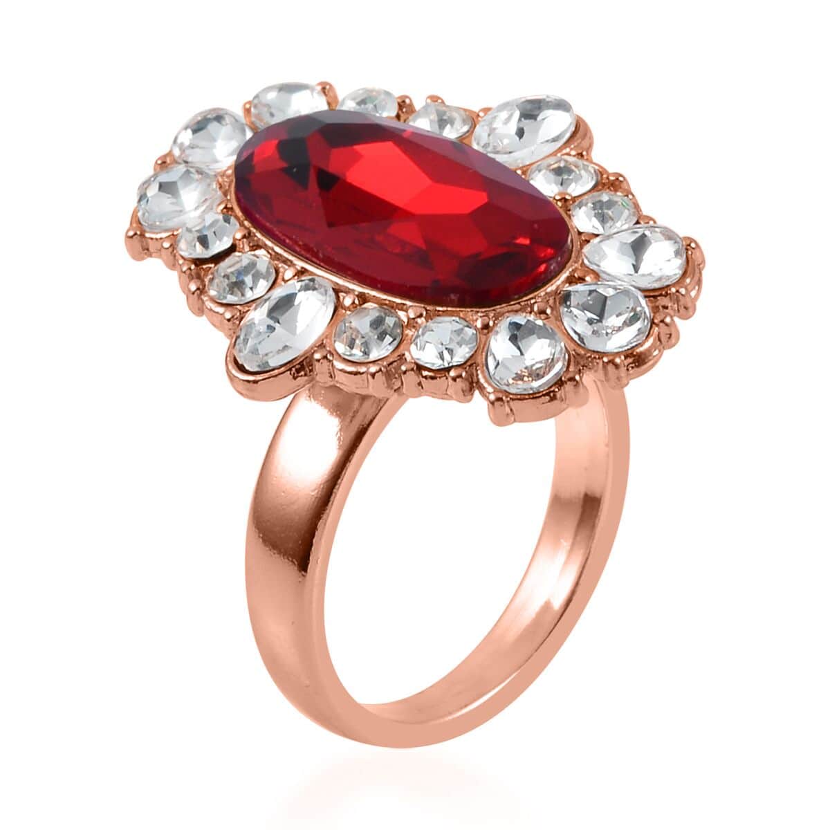 Simulated Ruby, Austrian Crystal Halo Ring (Size 6.00), Earrings and Pendant Necklace in Rosetone 20-22 Inches image number 3