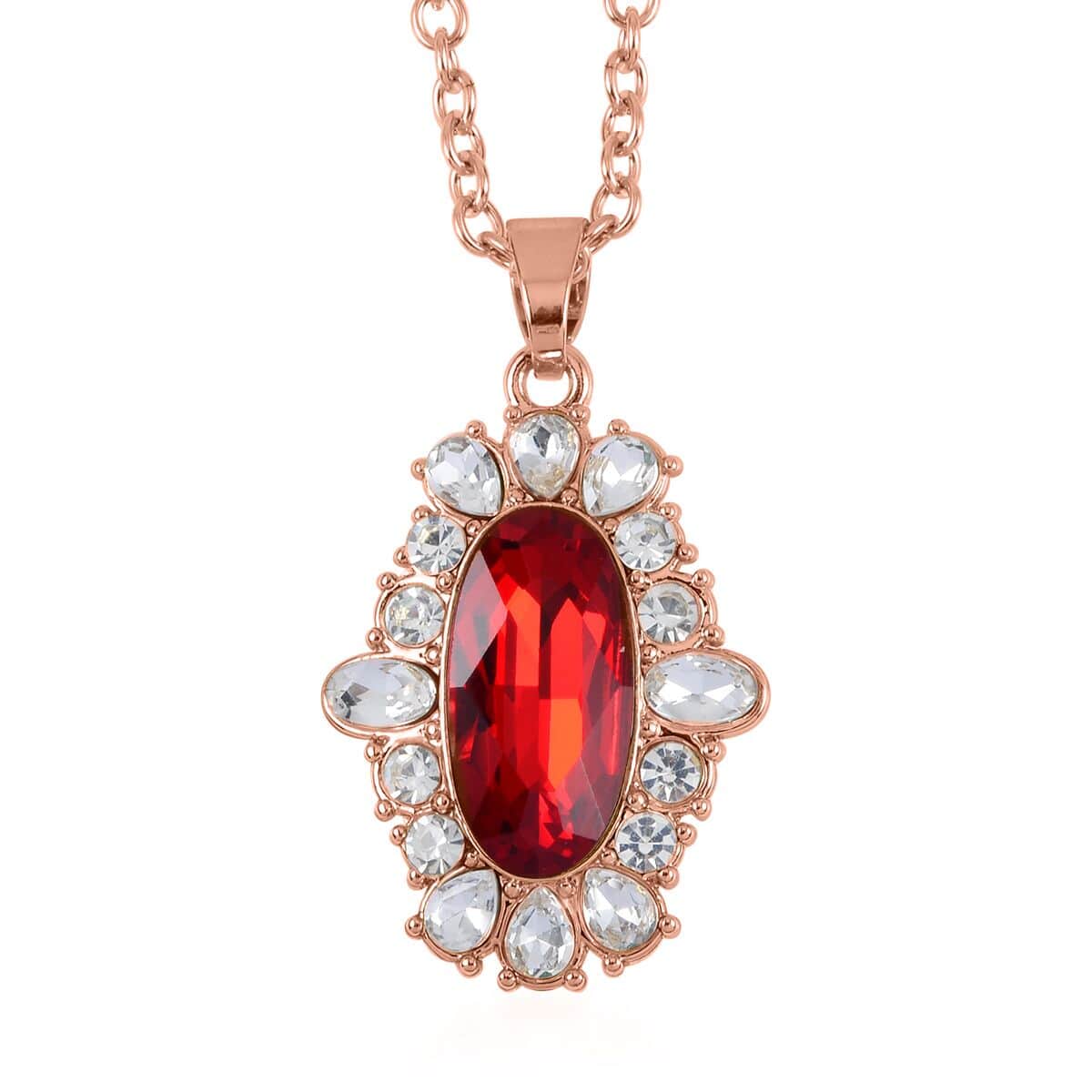 Simulated Ruby, Austrian Crystal Halo Ring (Size 6.00), Earrings and Pendant Necklace in Rosetone 20-22 Inches image number 5