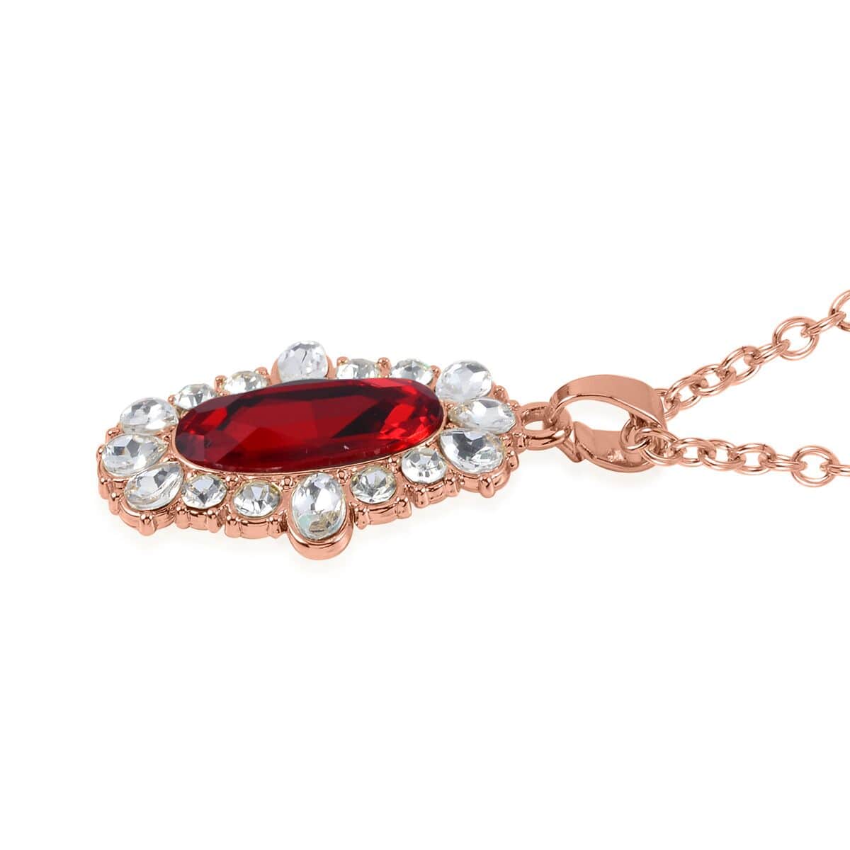 Simulated Ruby, Austrian Crystal Halo Ring (Size 6.00), Earrings and Pendant Necklace in Rosetone 20-22 Inches image number 6
