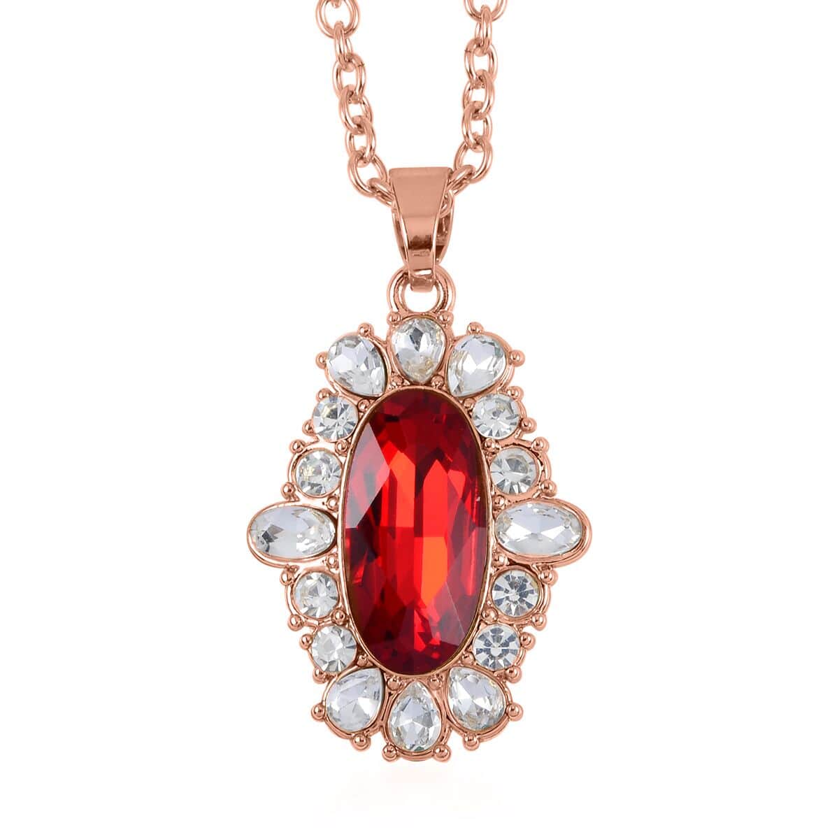 Simulated Ruby, Austrian Crystal Halo Ring (Size 9.00), Earrings and Pendant Necklace in Rosetone 20-22 Inches image number 5