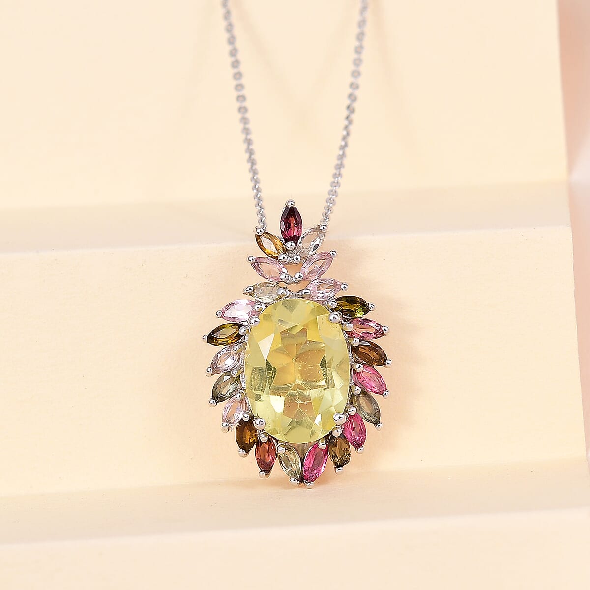 Ouro Verde Quartz and Multi-Tourmaline Pendant Necklace 20 Inches in Platinum Over Sterling Silver 7.50 ctw image number 1