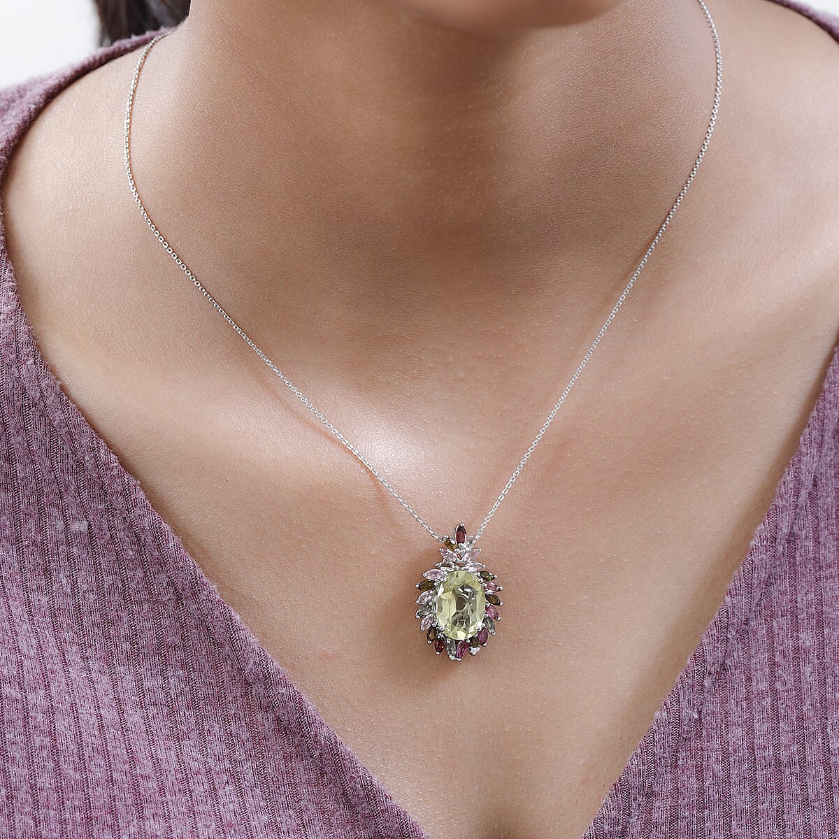 Ouro Verde Quartz and Multi-Tourmaline Pendant Necklace 20 Inches in Platinum Over Sterling Silver 7.50 ctw image number 2