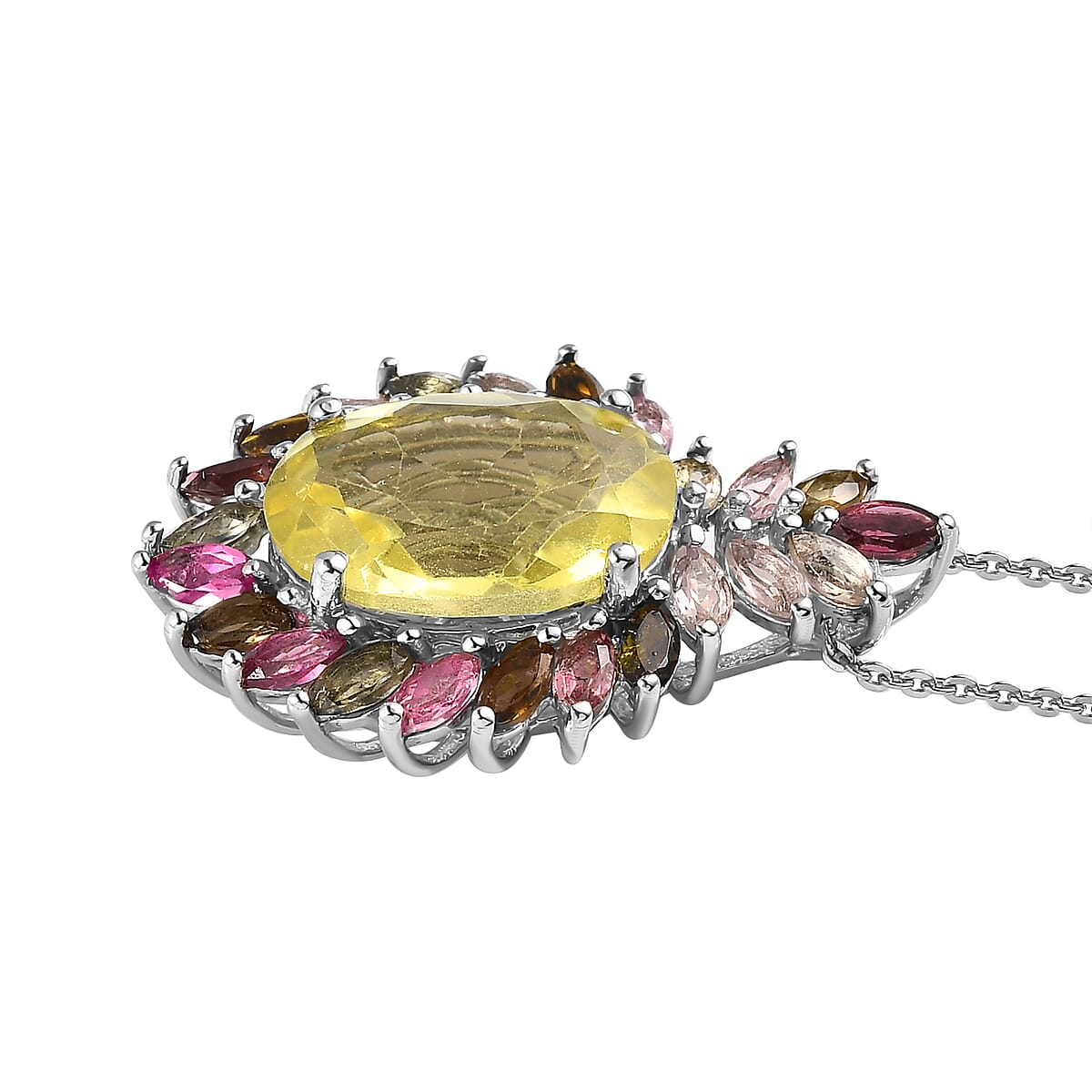 Ouro Verde Quartz and Multi-Tourmaline Pendant Necklace 20 Inches in Platinum Over Sterling Silver 7.50 ctw image number 3