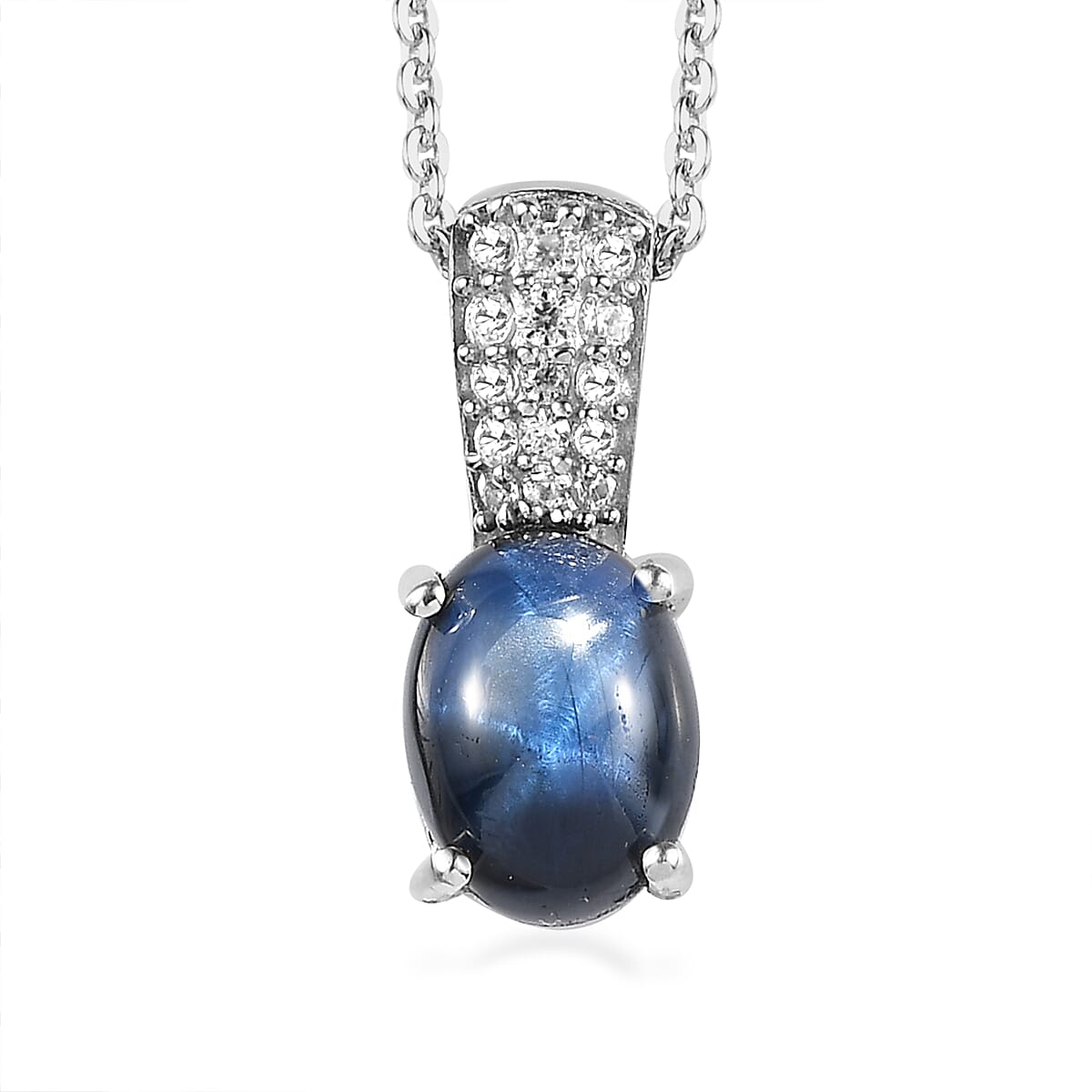 Blue Star Sapphire (DF) and White Zircon Ring (Size 10.0) and Pendant Necklace 20 Inches in Platinum Over Sterling Silver 4.85 ctw