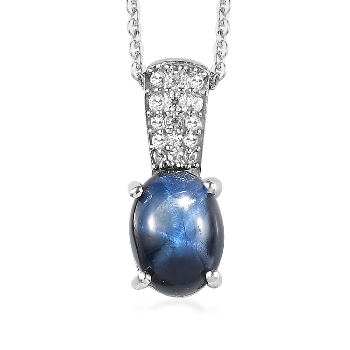 Thai Blue Star Sapphire (DF) and Natural White Zircon Ring and Pendant Necklace 20 Inches in Platinum Over Sterling Silver 4.85 ctw image number 6