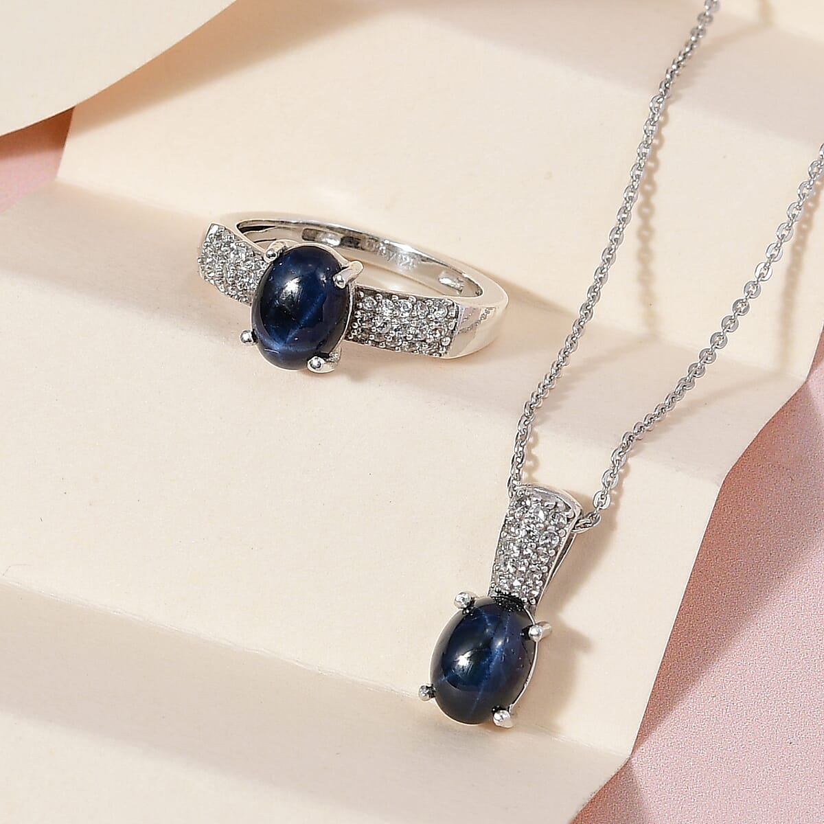 Blue Star Sapphire (DF) and White Zircon Ring (Size 9.0) and Pendant Necklace 20 Inches in Platinum Over Sterling Silver 4.85 ctw image number 1