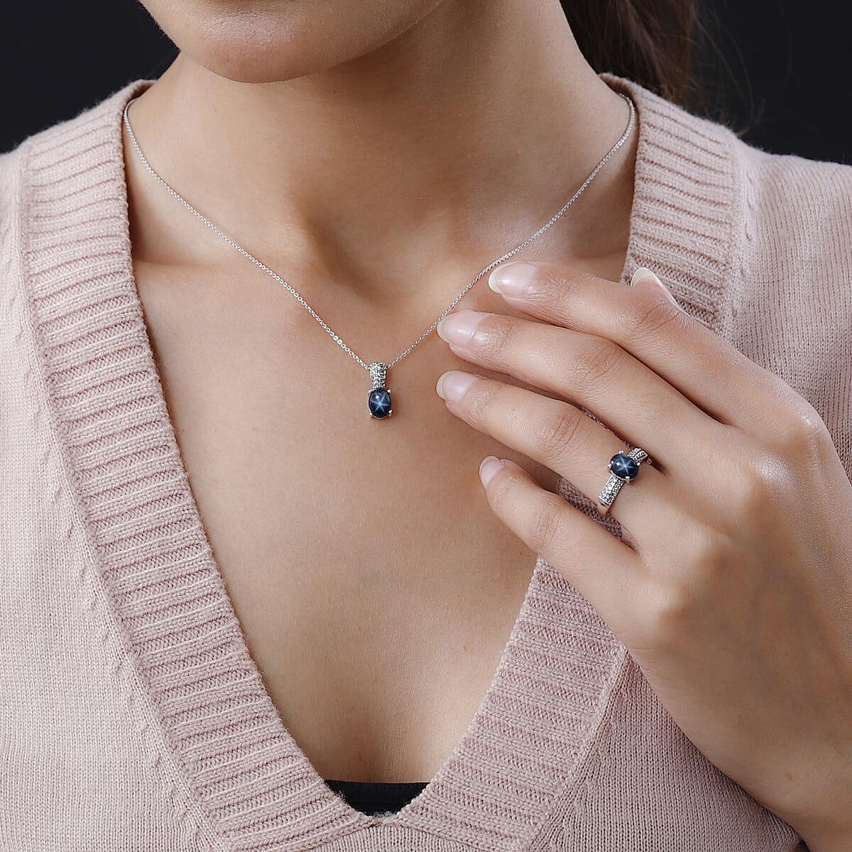 Blue Star Sapphire (DF) and White Zircon Ring (Size 9.0) and Pendant Necklace 20 Inches in Platinum Over Sterling Silver 4.85 ctw image number 2