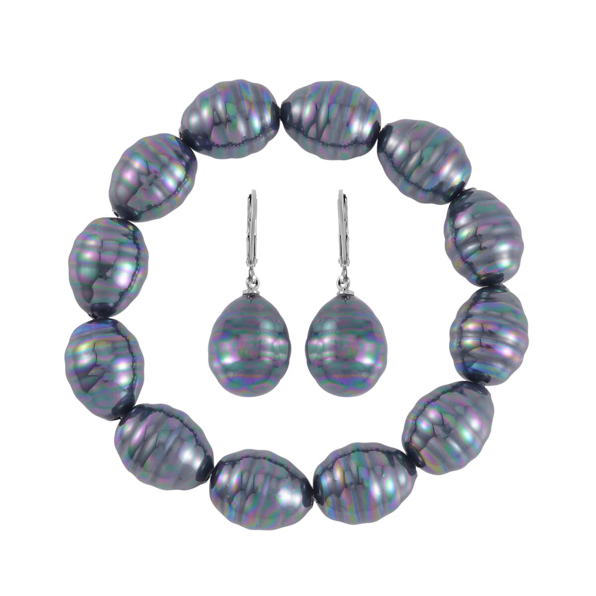 Tahitian Color Shell Pearl Beaded Stretch Bracelet and Earrings in Stainless Steel image number 0