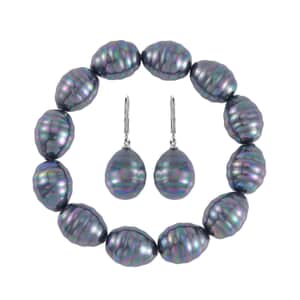 Tahitian Color Shell Pearl Beaded Stretch Bracelet and Earrings in Stainless Steel