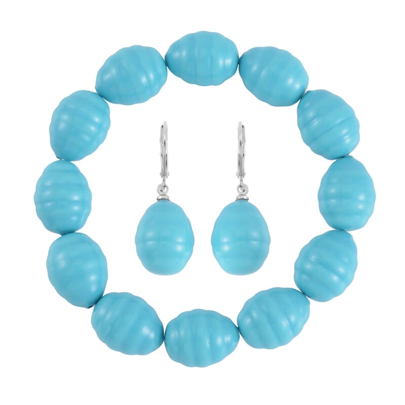 Blue Color Shell Pearl Beaded Stretch Bracelet and Earrings in Stainless Steel