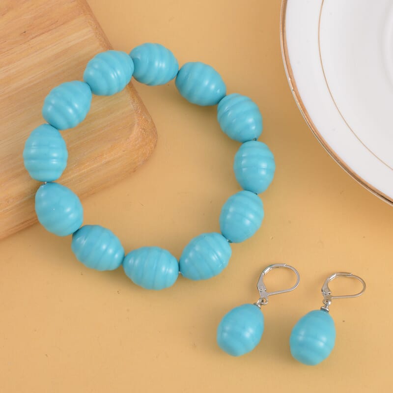 Blue Color Shell Pearl Beaded Stretch Bracelet and Earrings in Stainless Steel