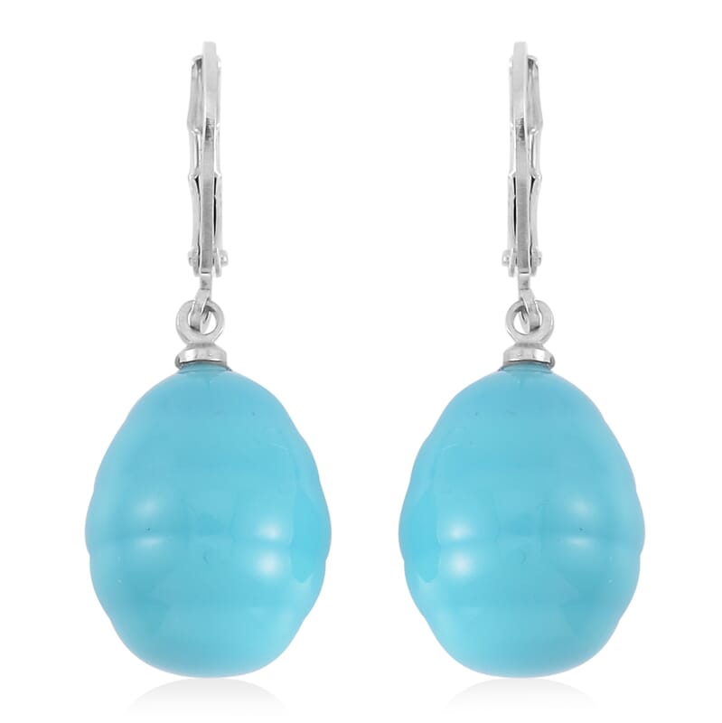 Blue Color Shell Pearl Beaded Stretch Bracelet and Earrings in Stainless Steel