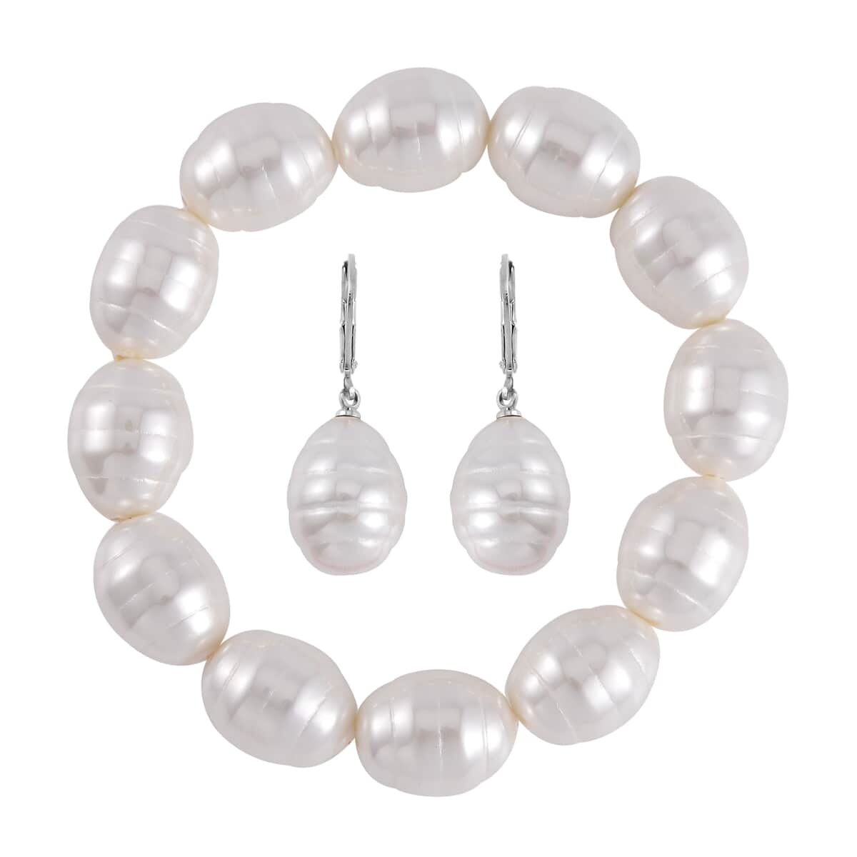 White Color Shell Pearl Beaded Stretch Bracelet and Earrings in Stainless Steel image number 0