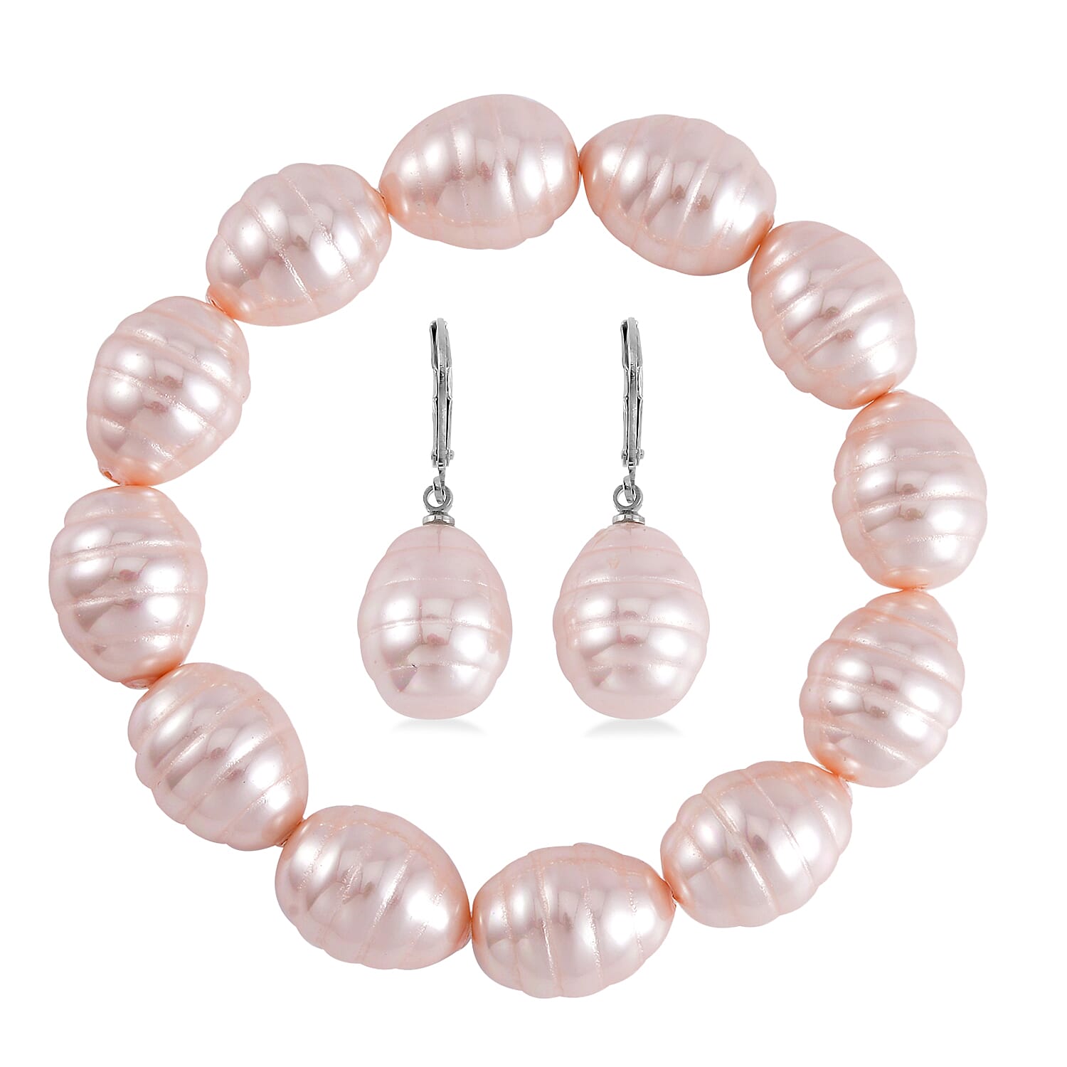 Pink Color Shell Pearl Beaded Stretch Bracelet and Earrings in Stainless Steel 1.01 ctw