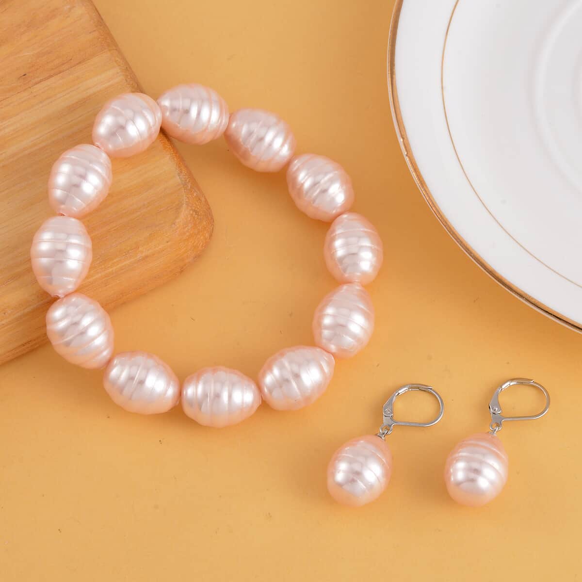 Pink Color Shell Pearl Beaded Stretch Bracelet and Earrings in Stainless Steel 1.01 ctw image number 1