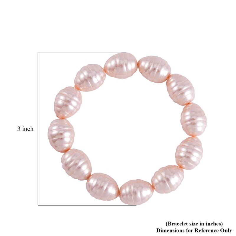 Pink Color Shell Pearl Beaded Stretch Bracelet and Earrings in Stainless Steel 1.01 ctw