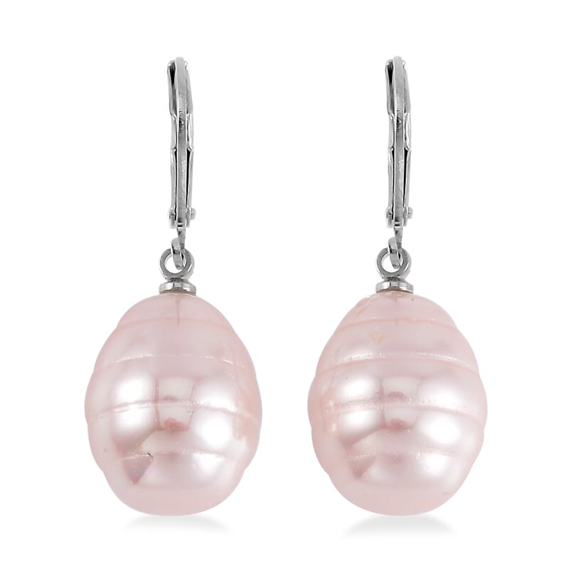Pink Color Shell Pearl Beaded Stretch Bracelet and Earrings in Stainless Steel 1.01 ctw