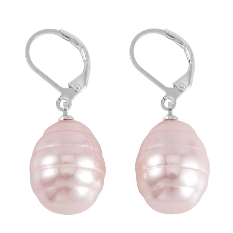Pink Color Shell Pearl Beaded Stretch Bracelet and Earrings in Stainless Steel 1.01 ctw