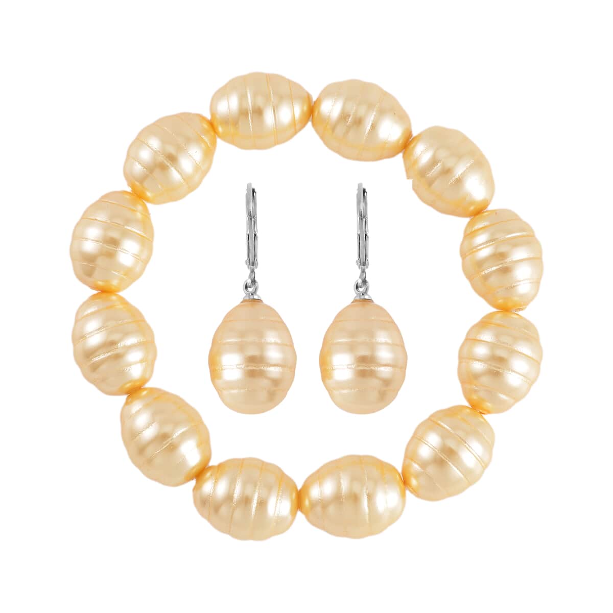 Golden Shell Pearl Beaded Stretch Bracelet and Earrings in Stainless Steel image number 0