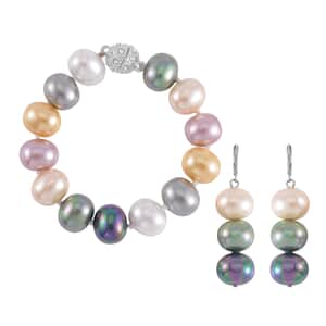 Multi Color Shell Pearl, Austrian Crystal Bracelet (8.0In) and Dangle Earrings in Silvertone