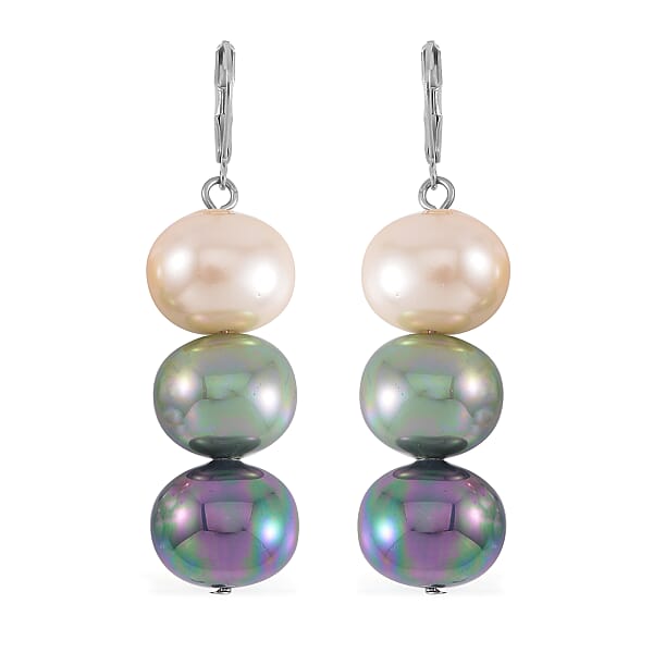 Multi Color Shell Pearl, Austrian Crystal Bracelet (8.0In) and Dangle Earrings in Silvertone