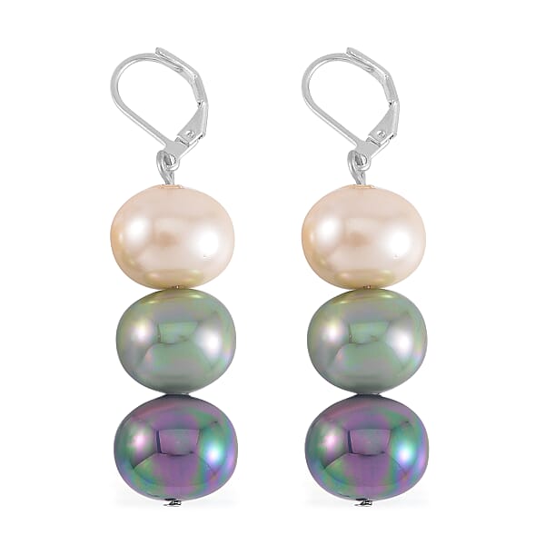 Multi Color Shell Pearl, Austrian Crystal Bracelet (8.0In) and Dangle Earrings in Silvertone