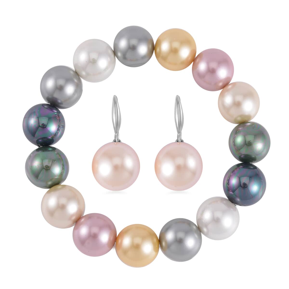 Multi Color Shell Pearl Stretch Bracelet and Earrings in Silvertone image number 0