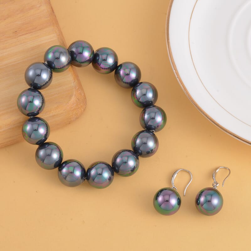Tahitian Color Shell Pearl Stretch Bracelet and Earrings in Silvertone