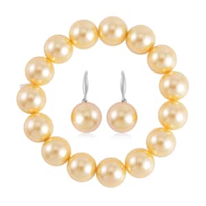 Golden Shell Pearl Stretch Bracelet and Earrings in Silvertone