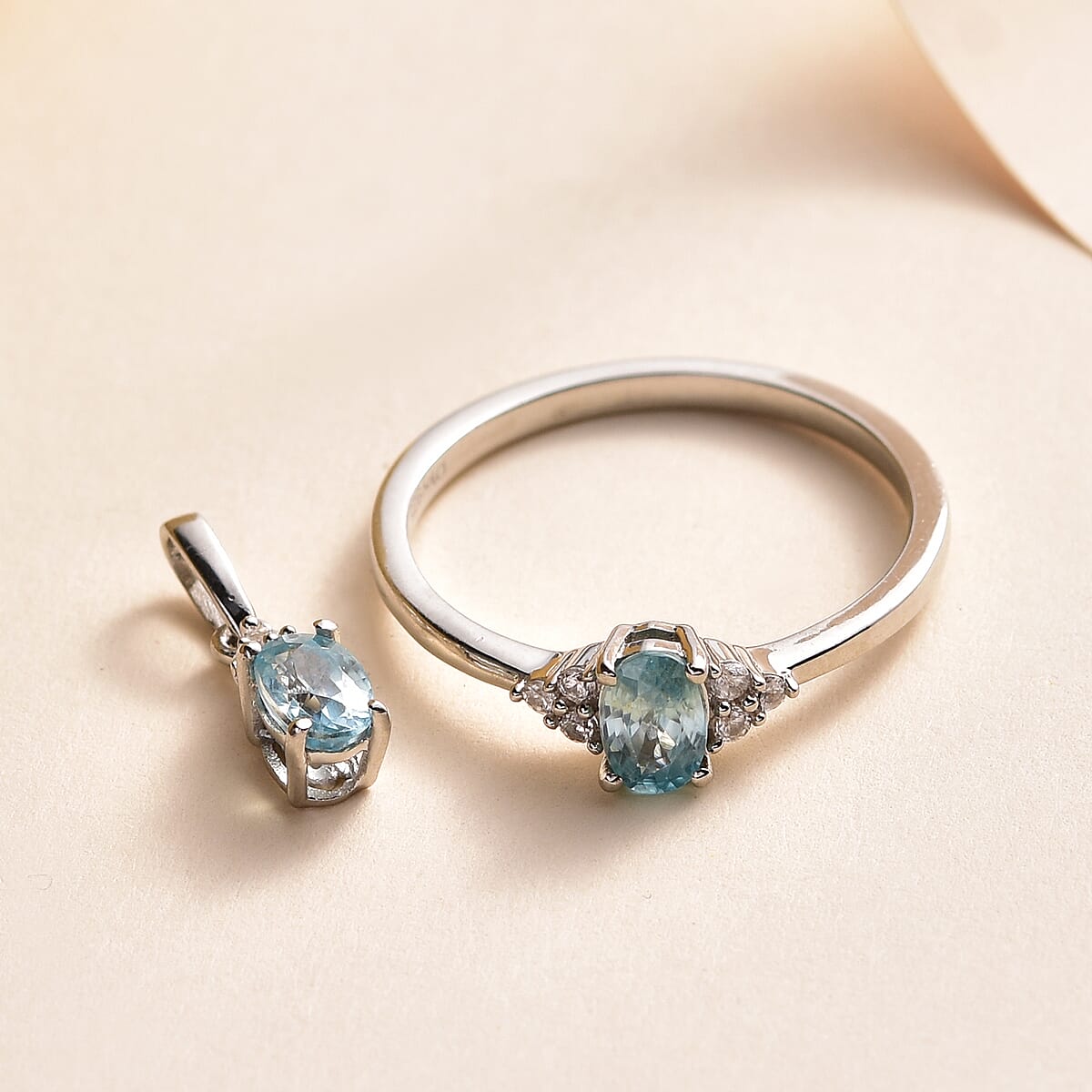 Premium Cambodian Blue Zircon, Natural White Zircon Ring and Pendant in Platinum Over Sterling Silver 1.60 ctw image number 1