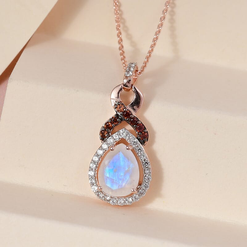 Premium Rainbow Moonstone, White and Brown Zircon Pendant Necklace 20 Inches in Vermeil Rose Gold Over Sterling Silver 2.15 ctw