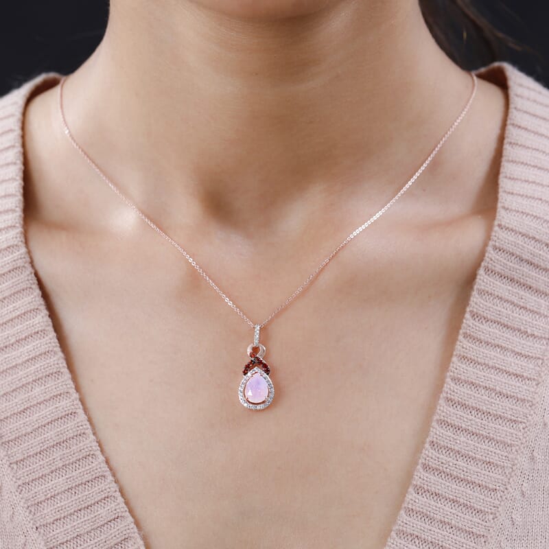 Premium Rainbow Moonstone, White and Brown Zircon Pendant Necklace 20 Inches in Vermeil Rose Gold Over Sterling Silver 2.15 ctw