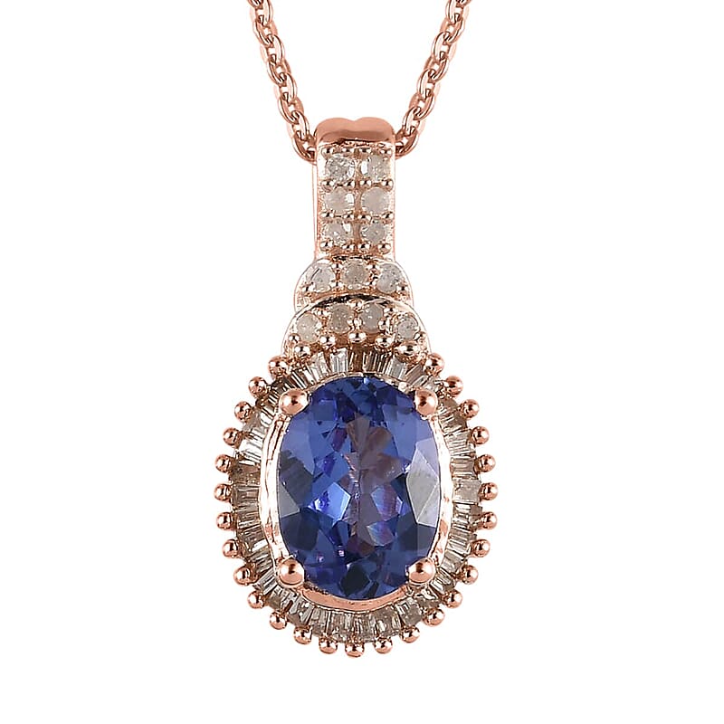 Tanzanite, Natural White and Champagne Diamond Pendant Necklace 20 Inches in Vermeil RG Over Sterling Silver 1.50 ctw