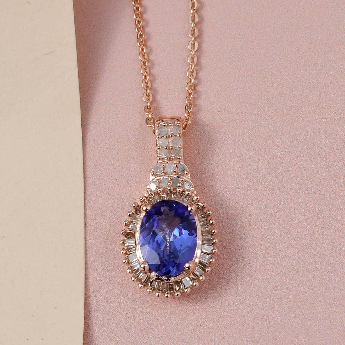 TLV Tanzanite, Natural White and Champagne Diamond (0.20 cts) Pendant Necklace (20 Inches) in Vermeil RG Over Sterling Silver (Delivery 5-7 Business Days) 1.50 ctw image number 1