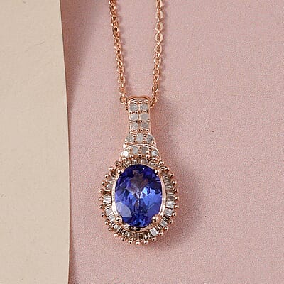 Tanzanite, Natural White and Champagne Diamond Pendant Necklace 20 Inches in Vermeil RG Over Sterling Silver 1.50 ctw