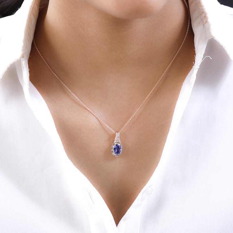 Tanzanite, Natural White and Champagne Diamond Pendant Necklace 20 Inches in Vermeil RG Over Sterling Silver 1.50 ctw