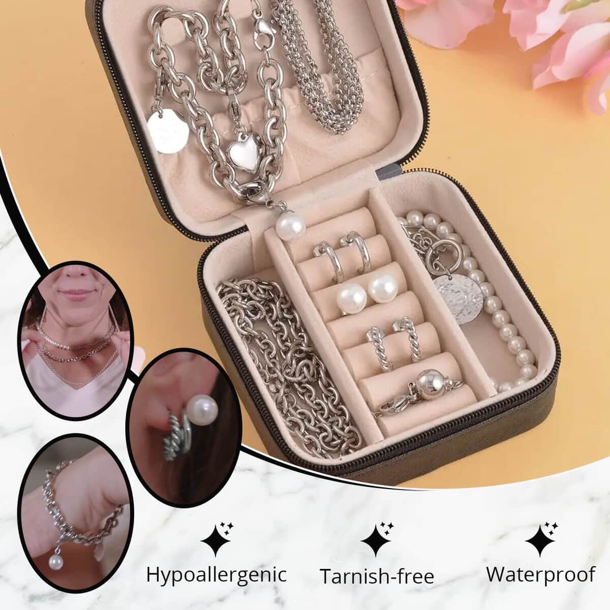 Set Box - White Shell Pearl 3 Earrings, 3 Necklaces (16,18,20In), 1 Bracelet, 3 Charms and 1 Magnetic Extender Chain in Stainless Steel image number 1