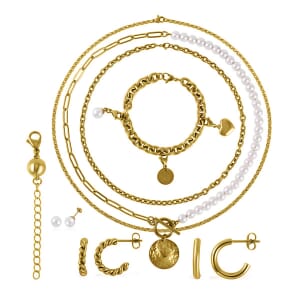 Ever True White Shell Pearl Jewelry, 3 Pearl Earrings, 3 Pearl Necklaces (16, 18, 20 Inch Necklace), 1 Pearl Bracelet, 3 Charms and 1 Magnetic Extender, ION Plated YG Stainless Steel Jewelry Set