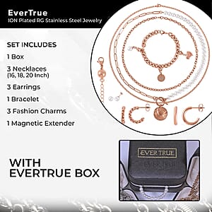 EverTrue White Shell Pearl Jewelry, 3 Pearl Earrings, 3 Pearl Necklaces (16, 18, 20 Inch Necklace), 1 Pearl Bracelet, 3 Charms and 1 Magnetic Extender, ION Plated RG Stainless Steel Jewelry Set