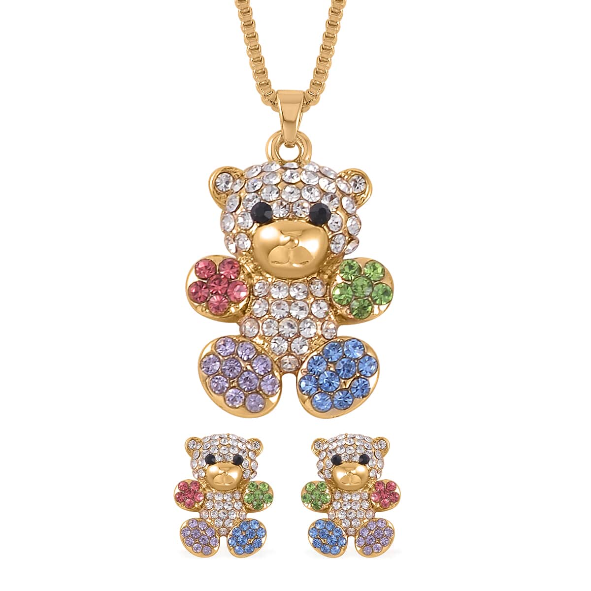 Multi Color Austrian Crystal Teddy Bear Necklace 20 Inches and Earrings in Goldtone image number 0