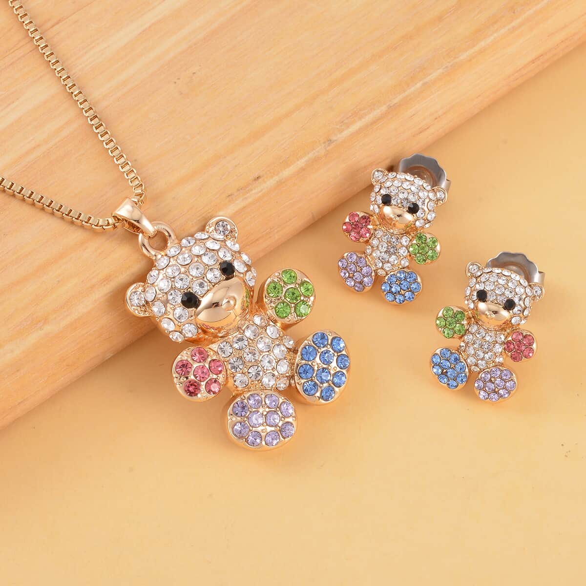 Multi Color Austrian Crystal Teddy Bear Necklace 20 Inches and Earrings in Goldtone image number 1