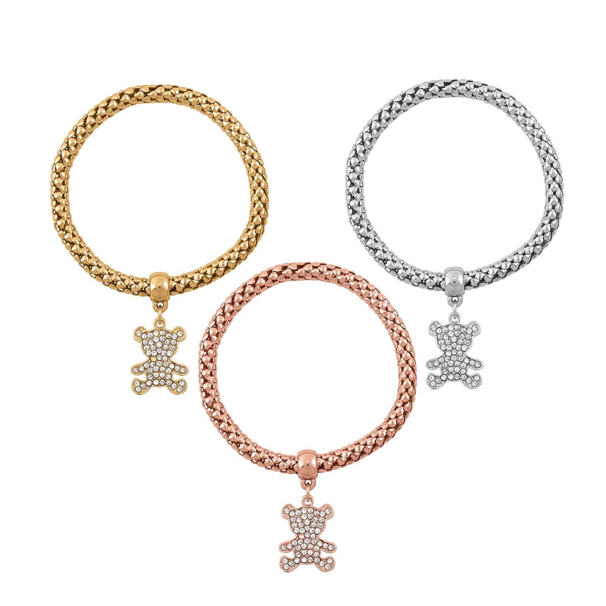 Set of 3 Austrian Crystal Pave Stretch Bracelet with Charm in Goldtone, Rosetone and Silvertone image number 0