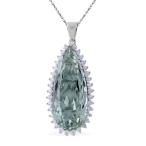 AAA Montezuma Prasiolite and White Zircon Halo Pendant Necklace 18 Inches in Platinum Over Sterling Silver 32.10 ctw