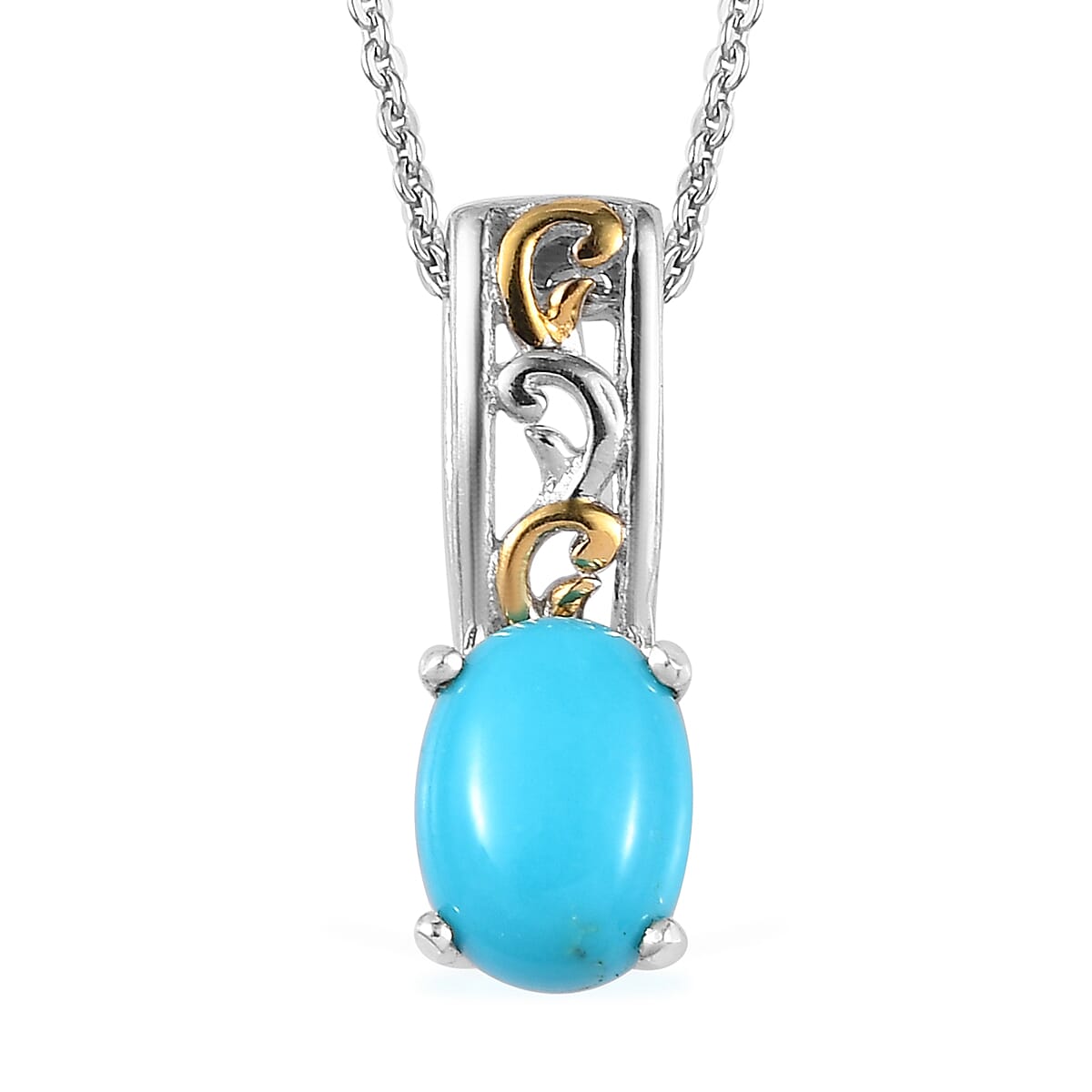 Sleeping Beauty Turquoise Solitaire Ring (Size 5.0) and Pendant Necklace 20 Inches in Vermeil Yellow Gold and Platinum Over Sterling Silver 1.40 ctw