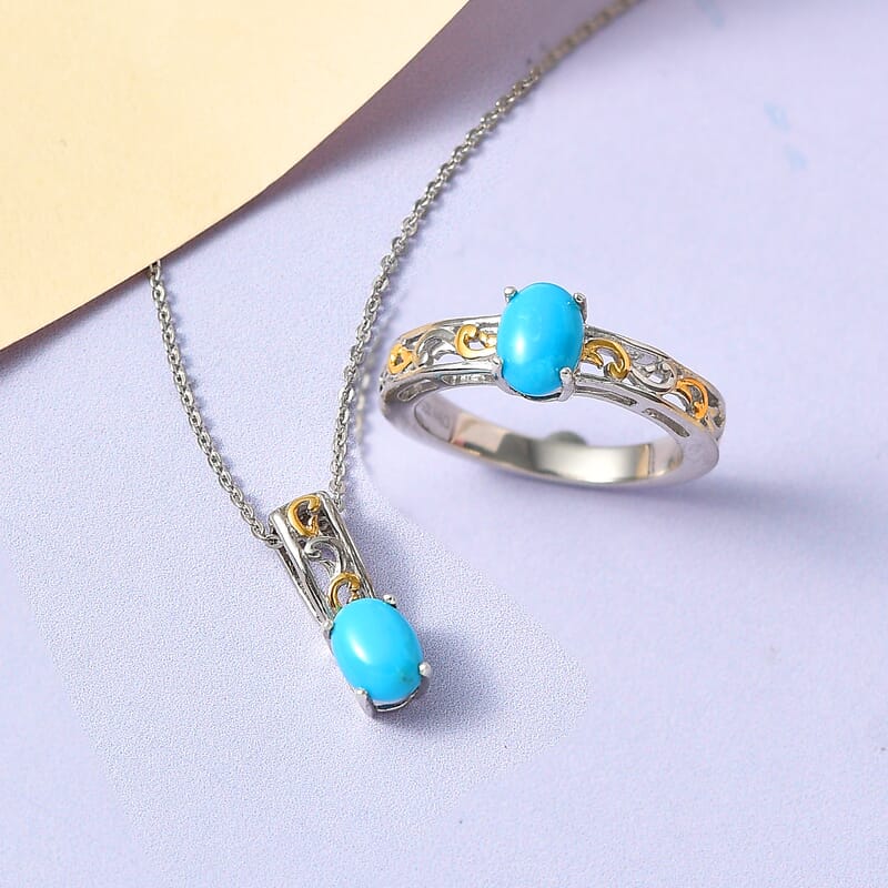 Sleeping Beauty Turquoise Solitaire Ring (Size 8.0) and Pendant Necklace 20 Inches in Vermeil Yellow Gold and Platinum Over Sterling Silver 1.40 ctw