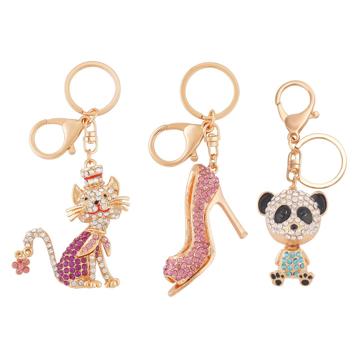 Set of 3 Multi Color Austrian Crystal, Enameled Panda, Cat and Shoes Keychain in Goldtone, Cute Keychains, Key Holders, Key Rings, Cool Keychains image number 0