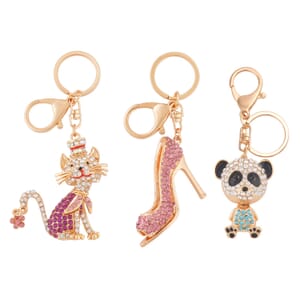 Set of 3 Multi Color Austrian Crystal, Enameled Panda, Cat and Shoes Keychain in Goldtone, Cute Keychains, Key Holders, Key Rings, Cool Keychains
