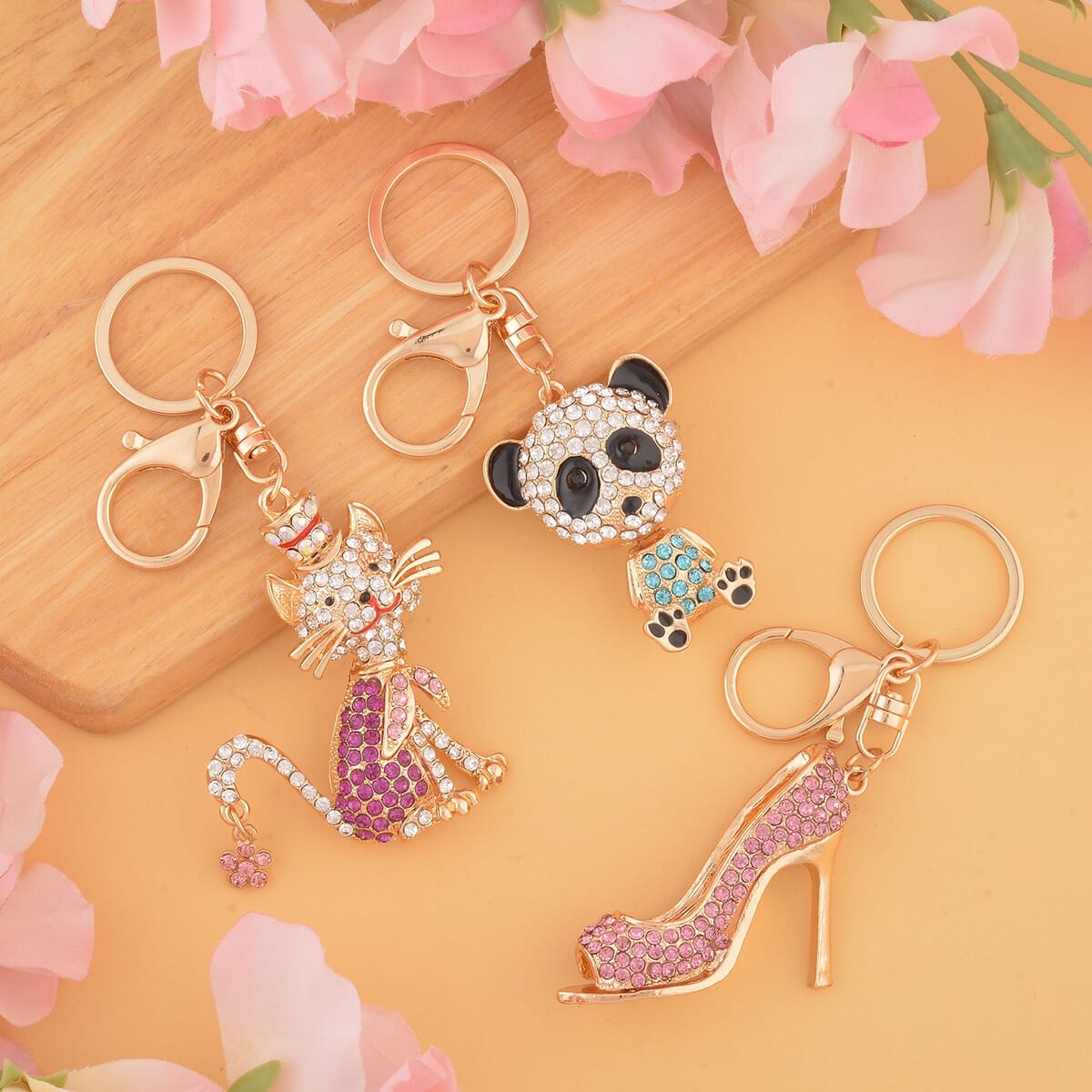 Set of 3 Multi Color Austrian Crystal, Enameled Panda, Cat and Shoes Keychain in Goldtone, Cute Keychains, Key Holders, Key Rings, Cool Keychains image number 1