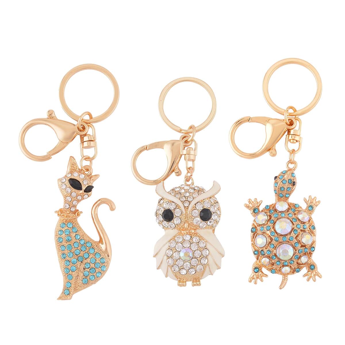 Set of 3 Multi Color Austrian Crystal, Enameled Owl, Cat and Tortoise Keychain in Goldtone, Cute Keychains, Key Holders, Key Rings, Cool Keychains image number 0