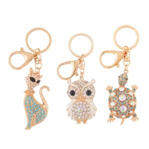 Set of 3 Multi Color Austrian Crystal, Enameled Owl, Cat and Tortoise Keychain in Goldtone, Cute Keychains, Key Holders, Key Rings, Cool Keychains